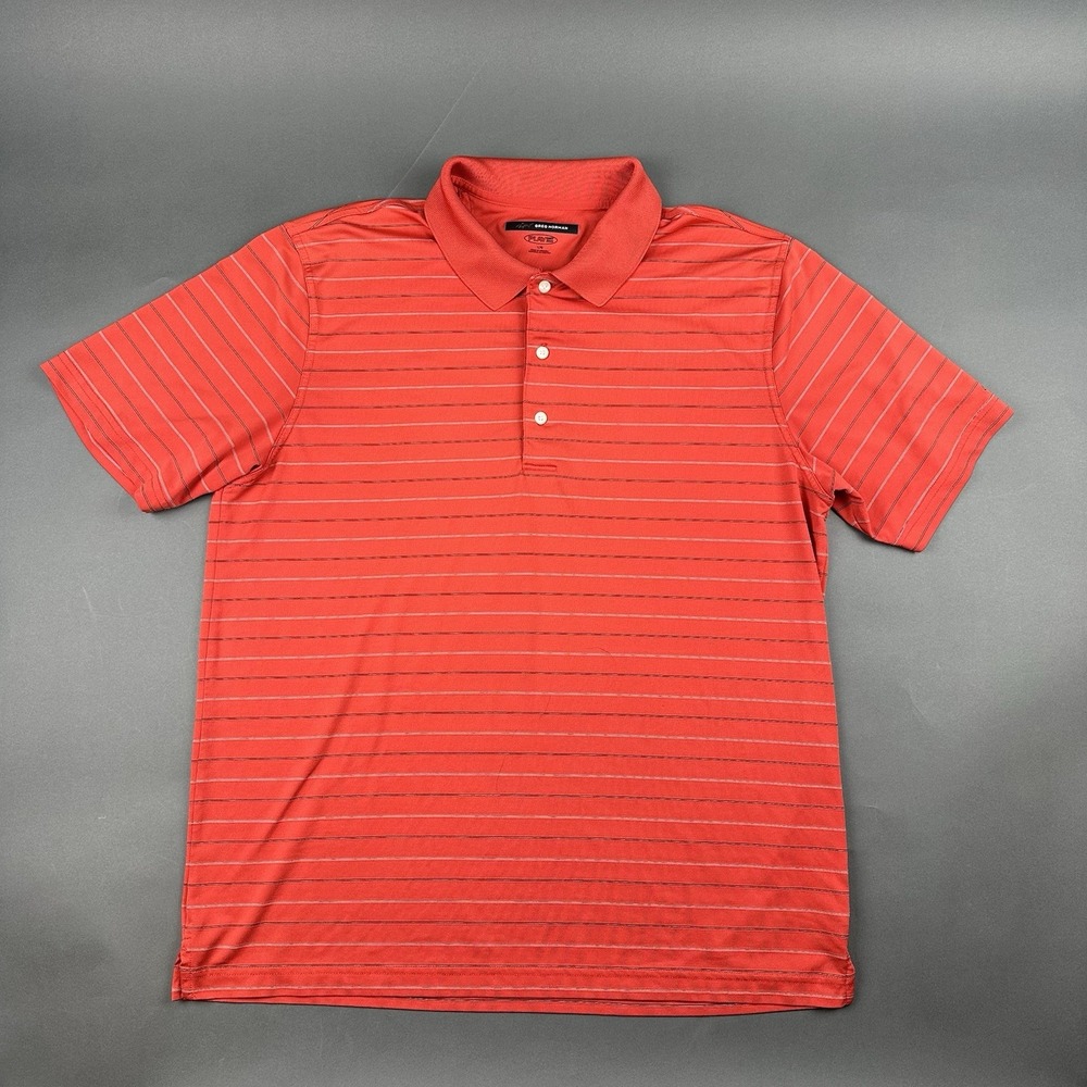 Greg Norman Polo Shirt Mens Large Orange Striped Play Dry Short Sleeve Golf